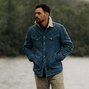 Taylor Stitch Blue Denim Shirt Jacket with Sherpa Collar